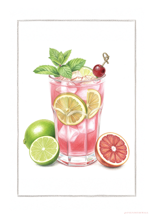  Bloody Pink plakat med håndtegnet lyserød cocktail, blodappelsin og lime – nordisk minimalistisk cocktailplakat