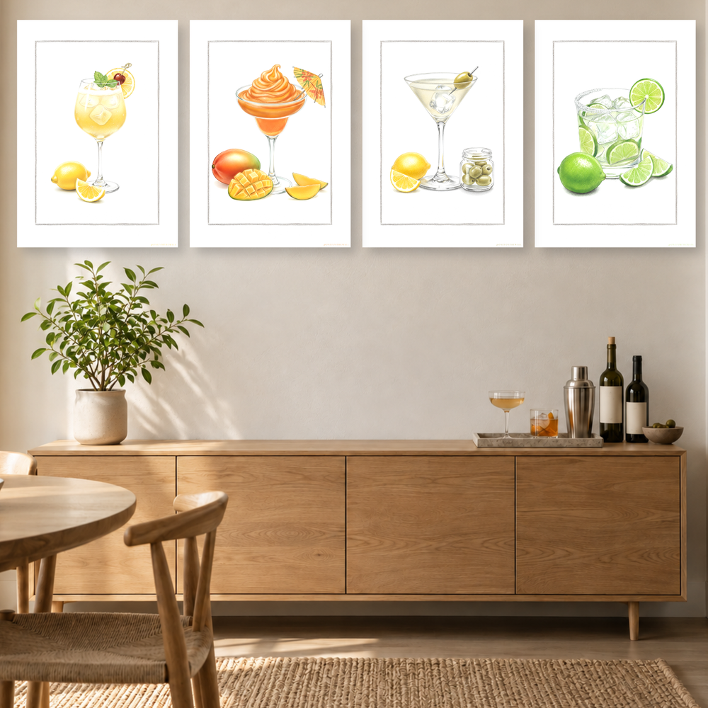 Farverige cocktailplakater med klassiske drinkillustrationer