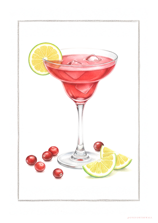 Cosmopolitan plakat med håndtegnet martiniglas i pink toner – nordisk minimalistisk cocktailplakat